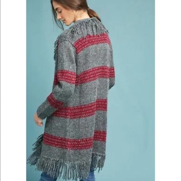 Anthropologie Moth striped open front duster cardigan with fringed trim size XS - Picture 4 of 10
